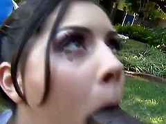 Extra huge black cock is penetrating Amber Skys tight and wet mouth, she is doing a good blowjob and is being fucked deep and hard in her wet and trimmed pussy by a black dude outdoors.