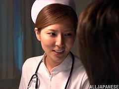 Cute Japanese nurse is having fun with a patient in a hospital ward. She shows him her tits and then sucks and rides his hard cock ardently.