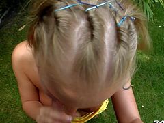 Flirty european blonde Kyra Banks with nice titties pulls down her thong panties and strokes her pussy in the garden before she takes man meat in her mouth, She gets mouth fucked from your POV!