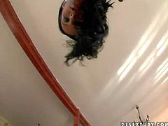 Arousing black haired slut with dark make up and provocative piercings stuffs her delicious ass with glass toy while teasing dirty dude at the interview filmed in point of view