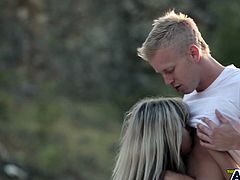 Fuckable Russian babe in white sexy lingerie hooks up with an aroused dude outdoors, who gives her a zealous tongue fuck.