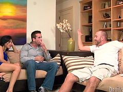 Three insatiable fuckers are waiting for arrival of cheap prostitutes. As soon as Russian hussies arrive, they take off their clothes in order to oral fuck sturdy dicks in front of each other in steamy group sex clip by Fame Digital.