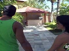 Slender amateur black haired sexy teen with natural boobs and tight ass in bikini enjoys teasing dirty dude by the pool in his backyard while her films her in pov on a sunny day