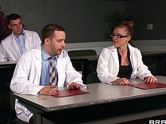 Krissy Lynn is a sexy nurse who's attending a seminar at a teaching hospital. She heads to the operating room to meet Doctor Erik Everhard fro a quick fuck. She doesn't realize all the med students can see her getting fucked like a slut from behind due to the two-way glass. The doc knows though.