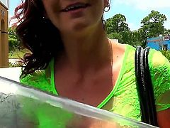 Horny redhead woman Hazel Allure in super sexy green T-shirt and exciting jean shorts meets Preston Parker and willingly gets in his car. Here she makes him really wild.
