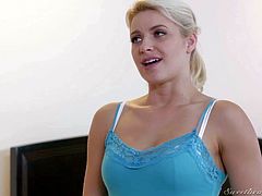 Attractive blonde and brunette girlfriends Anikka Albright and Celeste Star with hot bodies and pretty face get aroused and make out in bedroom in arousing softcore fantasy filmed in close up