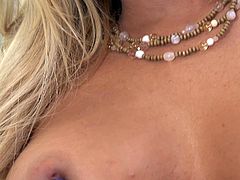 Amazing zealous blondie undresses and plays with her big boobs. Wonderful girlie with flossy ass has a dildo to realize her perverted dreams today. Kinky chick pushes a sex toy into her vagina and moans while drilling it passionately.