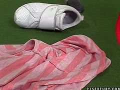 Cindy Hope is a lovely babe with small boobs and hairless pussy, She makes her red panties disappear in her sweet hole. Watch passionate brunette lady Cindy Hope play alone at the gym.