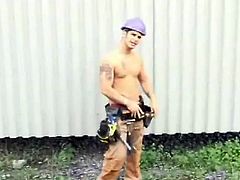 Construction worker jerking off outdoors