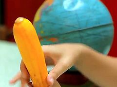 Teen bitch Monroe got in her hands big yellow dildo toy and naughtily posing with it and demonstrating precious young and juicy boobies!