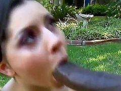 Amber Sky participates in making the fantastic outdoor scene where she gets her mouth fucked by incredibly big and black poker. Then she bends over and gets nice fuck.