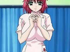 Lusty anime nurse lets him play with her tits