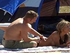 Arousing smoking hot blonde milf with long whorish nails and natural hooters in black underwear gets seduced by tanned mature fucker and takes on his meaty stiff pecker in tent