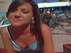 Young and adventurous brunette babe with slim tanned body in her tight top and short denim skirt gets seduced by a hunky lad Josh and enjoys in being recorded on terrace