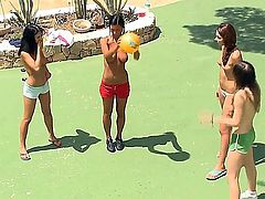 Three teen girls Adria, Beata and Ivana, called their other three girlfriends to play some volleyball and doing it nude and showing hot boobies.