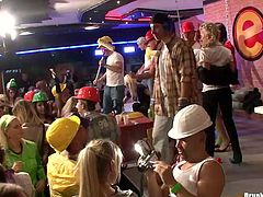 Group of aroused drunk call girls take part in a wild party set by builders. They get mauled intensively by sex hungry dudes and get fucked on the scene in doggy pose in sultry group sex video by Tainster.