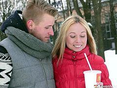 After a romantic date outdoors in snowy weather, horny couple heads home where a peppering blondie in passionate red lingerie gives a head to her BF before he pays her back with a tongue fuck.
