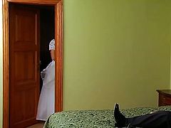 Two black heads look alike. Both slim nymphos wear white bride gowns. Only the winner will get a chance to be fucked by groom. So spoiled sluts with nice tits start fighting, grabbing necks, pushing and beating each other right on the wide bed.