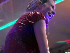 Two insanely horny bitches are playing dirty games on a stage. They both are getting wet under the shower on a stage. Sloppy and messy lesbian sex video.