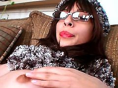 Watch the cool masturbation with so cute and naughty spectacled cutie. The nerdy babe is going to expose some of her sweetest spots before starting to play with pussy.