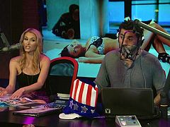 Three sexy porn stars have come to the morning show studio to celebrate the Fourth of July. There are hot wieners with mustard and ketchup. The adult film stars are interviewed about patriotism and one plays with a hula hoop.