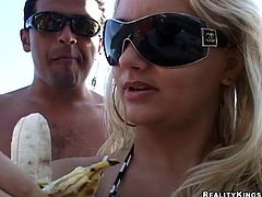 Really hot and sexy Latina blondie knows what a real summer vacation is. This torrid hooker with big boobs gonna strip, demonstrating her slim body and nice smooth ass. All this slut needs is to win strong cock for a tough fuck.