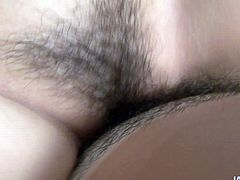 She rides her horny lover in cowgirl position and then he fucks her tight hairy pussy in missionary position until he cums.
