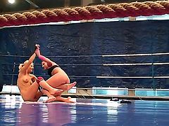 Two aggressive chicks Angel Rivas and Niky Goldfight at the ring being naked. They scream, kick hard, sometimes they touche the erogenous zones to get pleasure fighting. Enjoy!