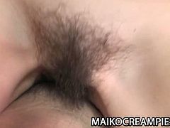 Horny Japanese mature mom Yoshiko Nagasawa receives a lot of attention from sex toys and hard cock and her hairy pussy gets a creampie treat in this POV Asian action.