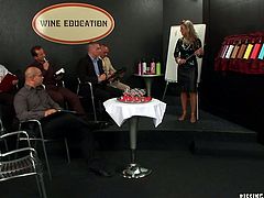 Fuckable blond milf is a sommelier who offers to degustate collection French wine to wealthy dudes. Later they pee in the glasses from which they just recently drank wine in perverse sex video by Tainster.