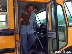 Delicious chick getting her pierced shaved pussy by the busdriver! He has prepared his big meat and shows no mercy for her tight hole!