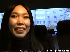 Fresh faced Asian hoe hails a taxi on the road. Later she decides to pay to the driver with a hard fuck in doggy pose before he drills her dirty mouth and finally jizzes in it.