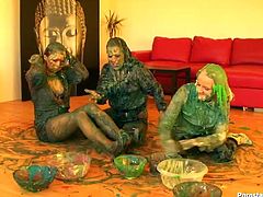 Gosh, these bitches are surely mad. Spoiled nymphos are ready to fight and the loser will get her twat tickled rough. Three dirty whores are covered with green paint. All sweaty slim bitches fight furiously on the floor, spin, cream, grab necks, pull hair and jam tits severely.