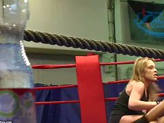 Kyra Black and Jessica Moore play really dirty in the wrestling ring and enjoy in hot and arousing lesbian wrestling session totally nude, getting their hands on each others pussy