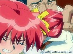 Fiery redheaded hentai schoolgirl gets her little pussy fucked by a huge cock in bathroom while her captive boyfriend watches.