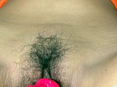 This slim oriental chick has too heavy and ugly makeup. Wondrous hooker jams her tits while spoiled dude teases her hairy pussy with a sex toy. Be sure to jizz at once just hearing her loud moans of pleasure in Jav HD sex clip.