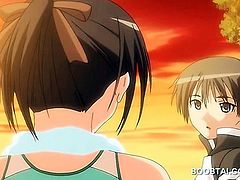 Busty anime teen gets wet snatch fucked outdoor