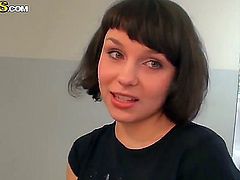 Brunette offers her fuckable mouth to hard dicked guy