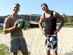 They like playing with a ball but this gay loves other kind of balls. Big, shaved balls like Paul has. After their volleyball match these two sexy hunks get busy with some oral action. The gay slut kneels for Paul's cock and he sucks it with pleasure earning a big load of warm semen between his sensual lips