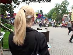 The best dessert for this slim booty blondie is tasty gooey cum. Kinky blowlerina in glasses stretches legs wide right in the cafe and gets absorbed with giving a solid blowjob to the lucky dude while waiting for a waiter.