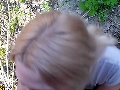 Russian dude eats his blonde babe's pussy and gets blowjob in park