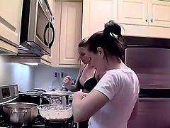 Exciting gals with great parts of bodies Cindy Hope and Sandy are taking off tops and bras before starting to cook something delicious in the kitchen! See these tasty girls!