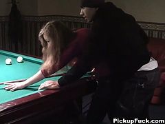 This chick is one of a kind! She is willing to do whatever it takes to make her boyfriend happy. So she gives him a hot blowjob after loosing a pool game.