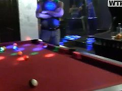 Young tight ass babes Demi, Joana, Kamali and Malika with great seductive skils and natural boobs in tight dresses have fun at billiard table and enjoy having spontaneous group sex.