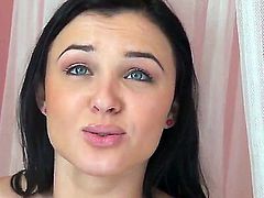 Black haired amateur teen Olga Snow with natural boobies and long whorish nails teases dirty dude and takes on his stiff meaty pecker in pov at her first interview.