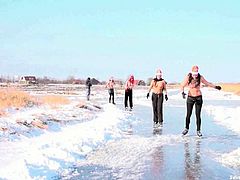 Watch as these four lovely and naughty girls take it to the extreme as they decided to go out and show off their boobies while ice skating and eventually strip down their pants to display their pussy.