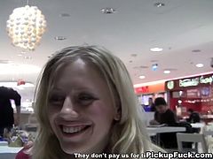 She is skanky blond gal with appetizing firm tits. She flashes her twins in the toilet. She also gives awesome blowjob to those two horny studs.