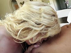 Watch this young and sexy blonde babe whose lips are craving for some semen. Like a good girl she goes on her knees and puts a lot of a saliva on her guy's dick to make it slippery. Then she starts giving soft lick to that dick but within a moment she goes furious and fucks her throat with it.