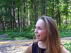 Blonde slut Albina enjoys having young hunk drilling her tight pussy in outdoors