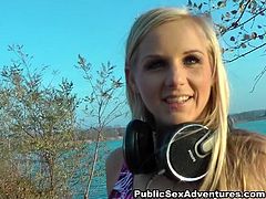 She is adorable blond doll with sexy body. She chills near the river with her BF. Girl gets on her knees between dude's legs giving him awesome blowjob in POV.